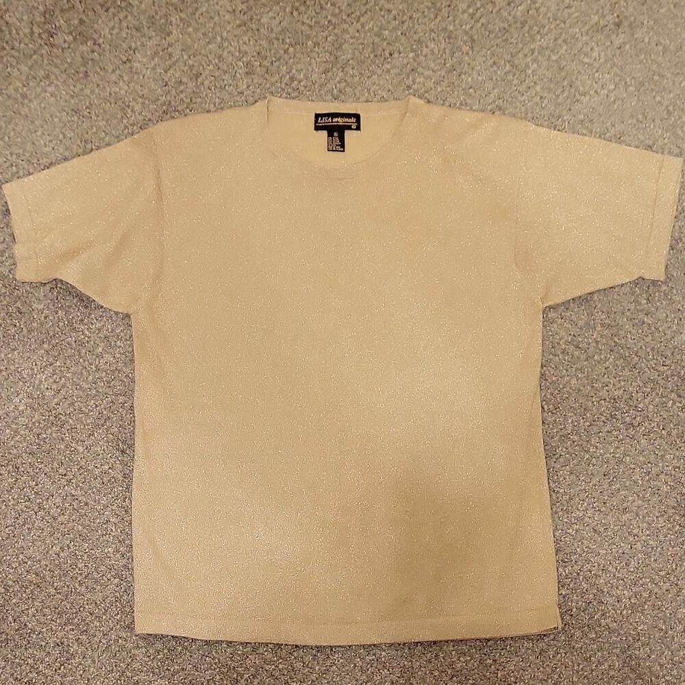 LISA originals Women's 1X Beige Metallic Knit Short Sleeve T-Shirt Crew Neck